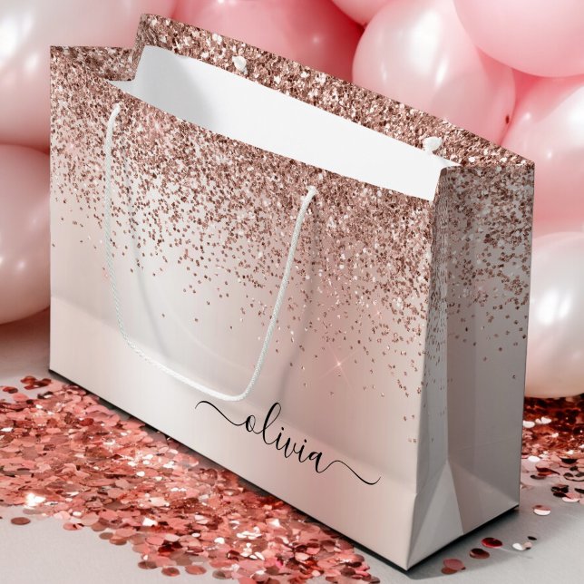 Rose Gold - Blush Pink Glitter Metal Monogram Name Large Gift Bag (Creator Uploaded)
