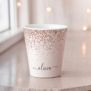 Rose Gold - Blush Pink Glitter Metal Monogram Name Latte Mug