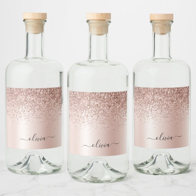 Rose Gold - Blush Pink Glitter Metal Monogram Name Liquor Bottle Label (Bottles)