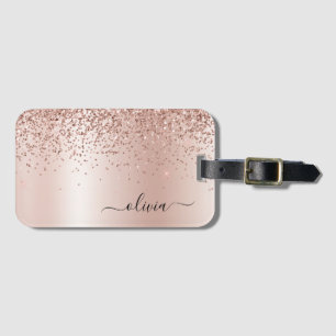 Rose Gold - Blush Pink Glitter Metal Monogram Name Luggage Tag