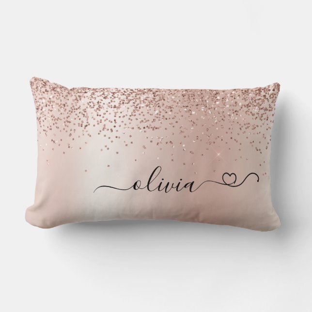 Rose Gold - Blush Pink Glitter Metal Monogram Name Lumbar Cushion (Front)