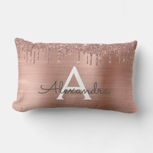 Rose Gold - Blush Pink Glitter Metal Monogram Name Lumbar Cushion