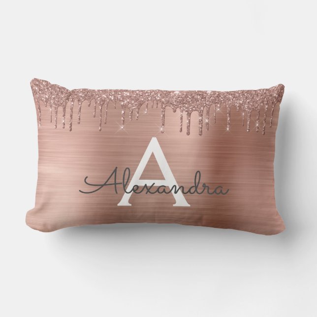 Rose Gold - Blush Pink Glitter Metal Monogram Name Lumbar Cushion (Front)