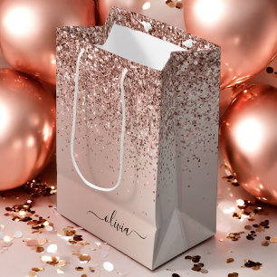 Rose Gold - Blush Pink Glitter Metal Monogram Name Medium Gift Bag