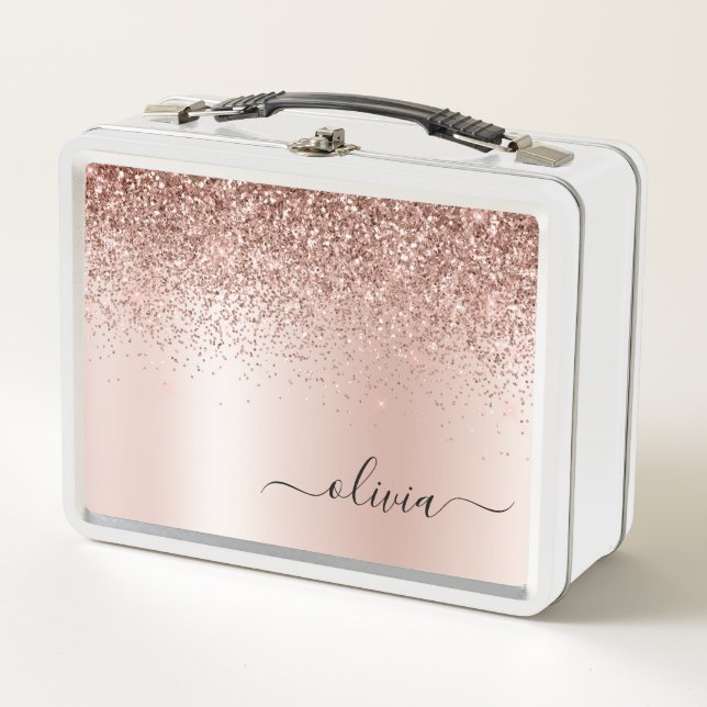 Rose Gold - Blush Pink Glitter Metal Monogram Name Metal Lunch Box (Front)