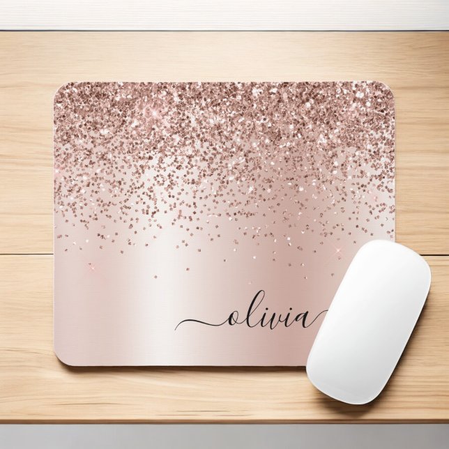Rose Gold - Blush Pink Glitter Metal Monogram Name Mouse Mat (Creator Uploaded)