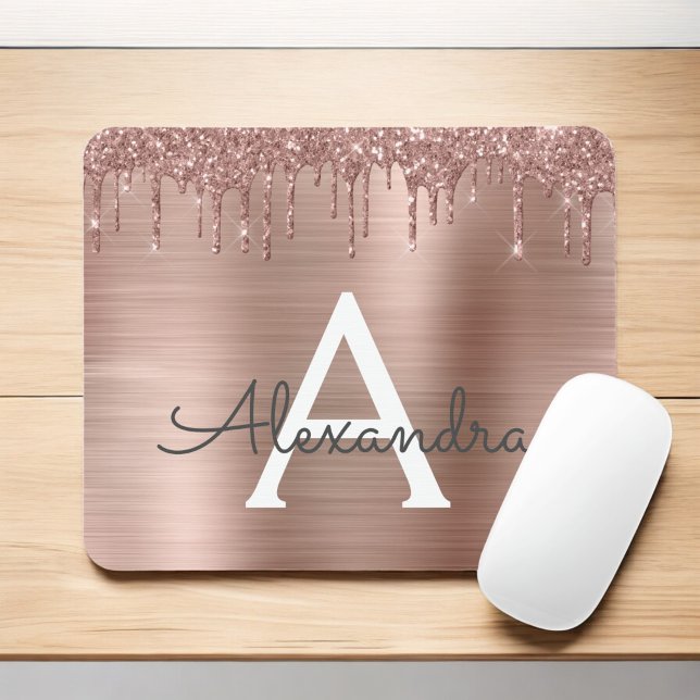 Rose Gold - Blush Pink Glitter Metal Monogram Name Mouse Mat (Creator Uploaded)