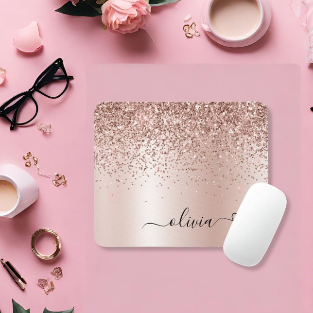 Rose Gold - Blush Pink Glitter Metal Monogram Name Mouse Mat (Creator Uploaded)