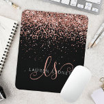 Rose Gold Blush Pink Glitter Metal Monogram Name Mouse Mat<br><div class="desc">Glam Rose Gold Glitter Elegant Monogram Mouse Pad. Easily personalise this trendy chic mouse pad design featuring elegant rose gold sparkling glitter on a black background. The design features your handwritten script monogram with pretty swirls and name.</div>