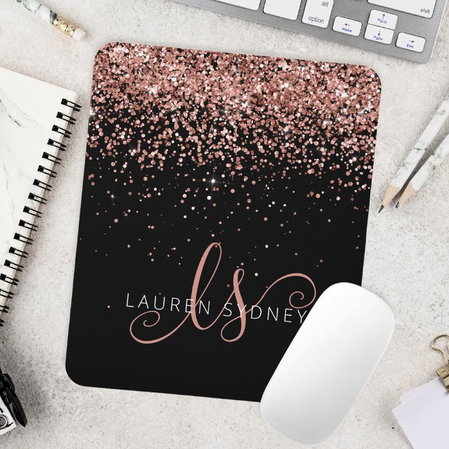 Rose Gold Blush Pink Glitter Metal Monogram Name Mouse Mat (Creator Uploaded)