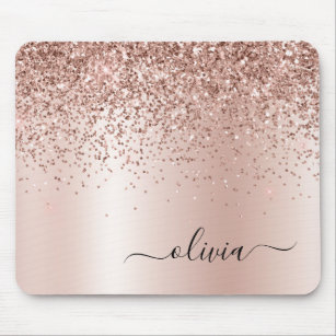 Rose Gold - Blush Pink Glitter Metal Monogram Name Mouse Mat