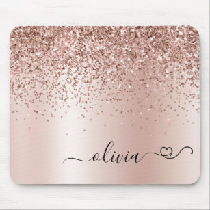Rose Gold - Blush Pink Glitter Metal Monogram Name Mouse Mat