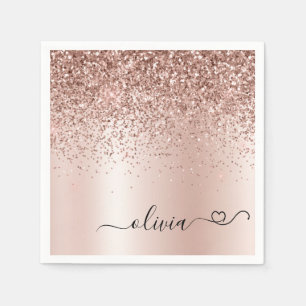Rose Gold - Blush Pink Glitter Metal Monogram Name Napkin