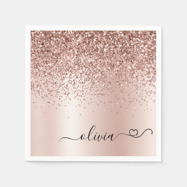 Rose Gold - Blush Pink Glitter Metal Monogram Name Napkin (Front)