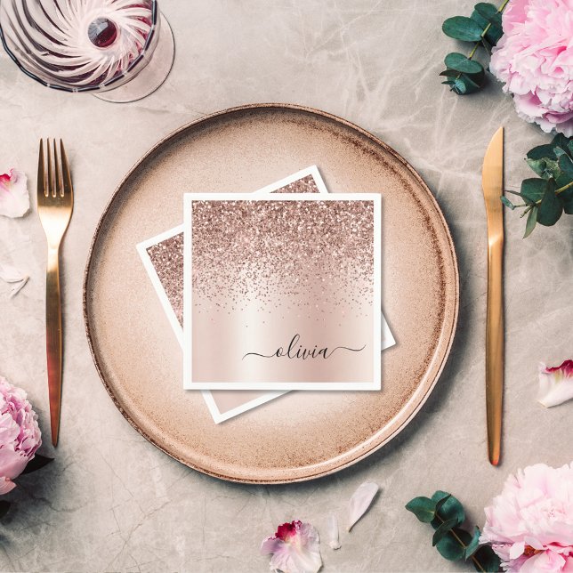 Rose Gold - Blush Pink Glitter Metal Monogram Name Napkin (Creator Uploaded)