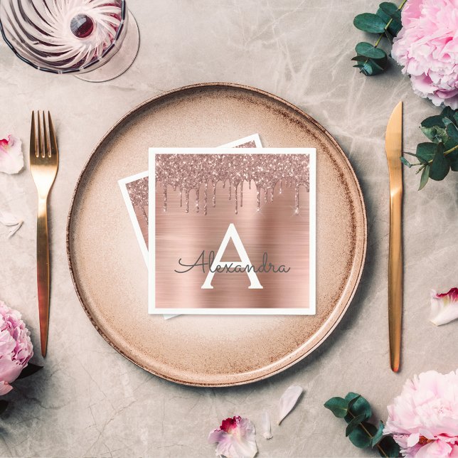 Rose Gold - Blush Pink Glitter Metal Monogram Name Napkin (Creator Uploaded)