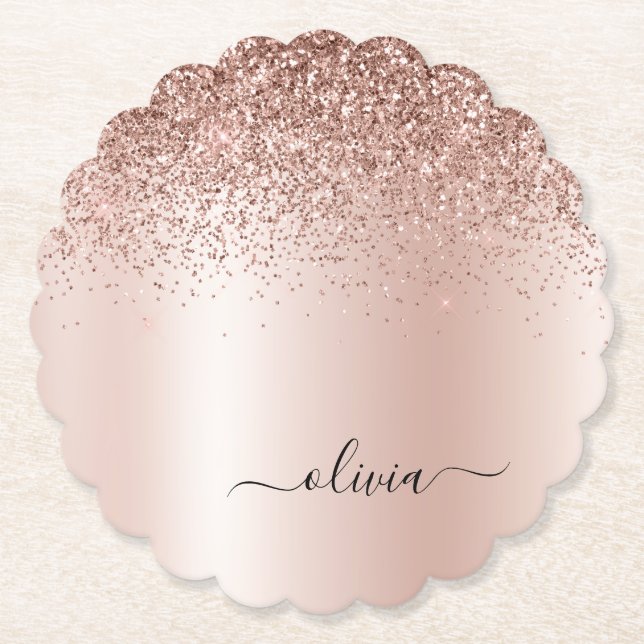 Rose Gold - Blush Pink Glitter Metal Monogram Name Paper Coaster (Front)