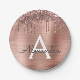 Rose Gold - Blush Pink Glitter Metal Monogram Name Paper Plate