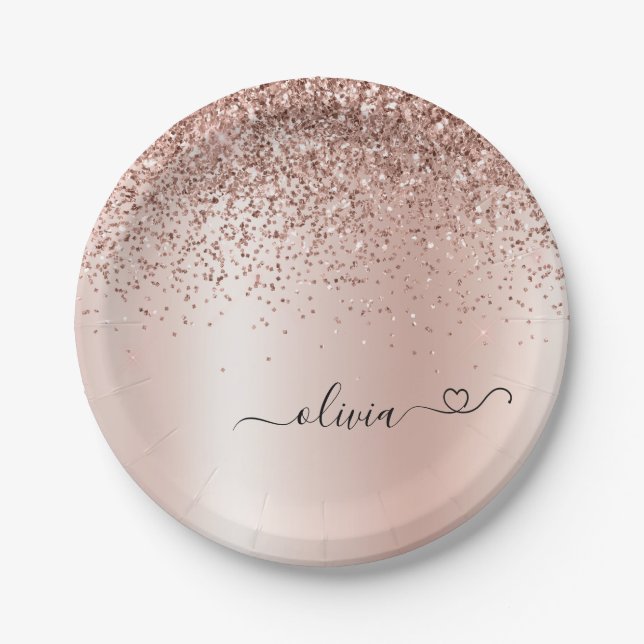 Rose Gold - Blush Pink Glitter Metal Monogram Name Paper Plate (Front)