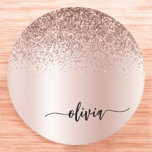 Rose Gold - Blush Pink Glitter Metal Monogram Name Round Paper Coaster