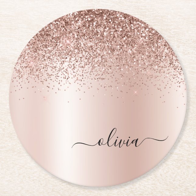 Rose Gold - Blush Pink Glitter Metal Monogram Name Round Paper Coaster (Front)