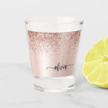 Rose Gold - Blush Pink Glitter Metal Monogram Name Shot Glass<br><div class="desc">Rose Gold - Blush Pink Faux Foil Metallic Sparkle Glitter Brushed Metal Monogram Name Shot Glass. This makes the perfect graduation,  sweet 16 birthday,  wedding,  bachelorette party,  bridal shower,  anniversary,  baby shower or bachelorette party gift for someone that loves glam luxury and chic styles.</div>