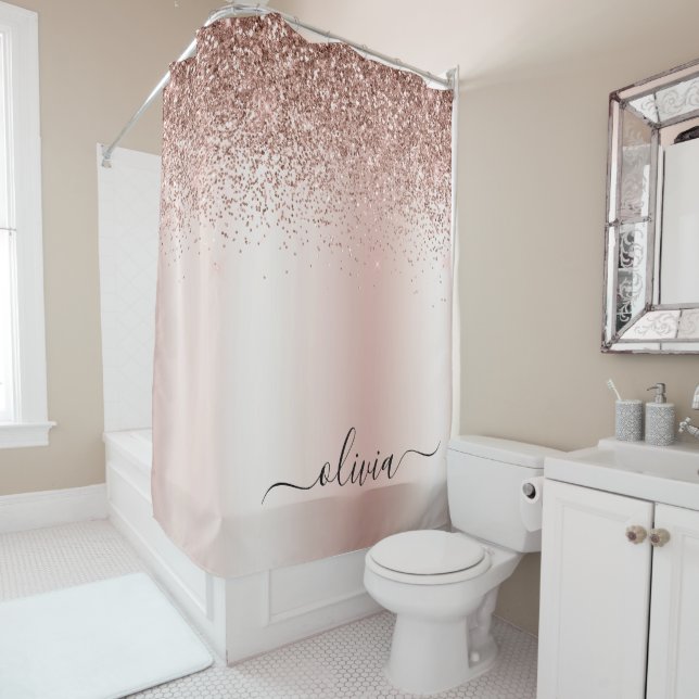 Rose Gold - Blush Pink Glitter Metal Monogram Name Shower Curtain (In Situ)