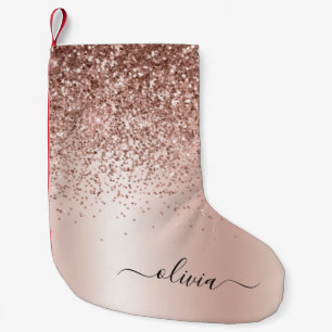 Rose Gold - Blush Pink Glitter Metal Monogram Name Small Christmas Stocking