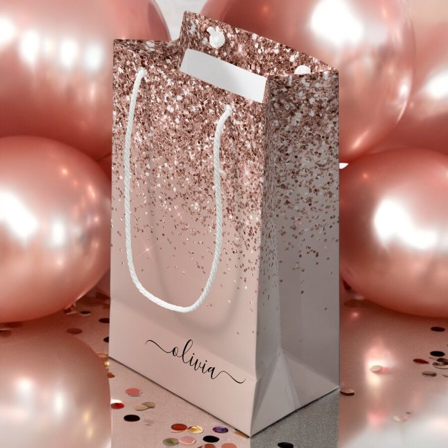 Rose Gold - Blush Pink Glitter Metal Monogram Name Small Gift Bag (Creator Uploaded)