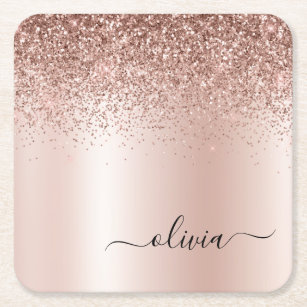 Rose Gold - Blush Pink Glitter Metal Monogram Name Square Paper Coaster
