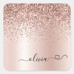 Rose Gold - Blush Pink Glitter Metal Monogram Name Square Sticker