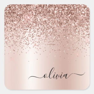 Rose Gold - Blush Pink Glitter Metal Monogram Name Square Sticker