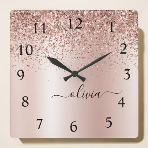 Rose Gold - Blush Pink Glitter Metal Monogram Name Square Wall Clock