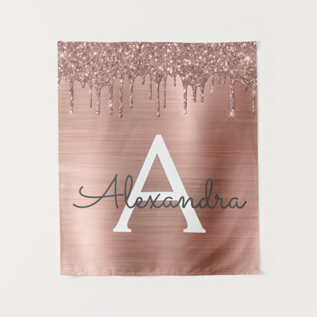 Rose Gold - Blush Pink Glitter Metal Monogram Name Tapestry (Front)