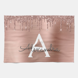 Rose Gold - Blush Pink Glitter Metal Monogram Name Tea Towel