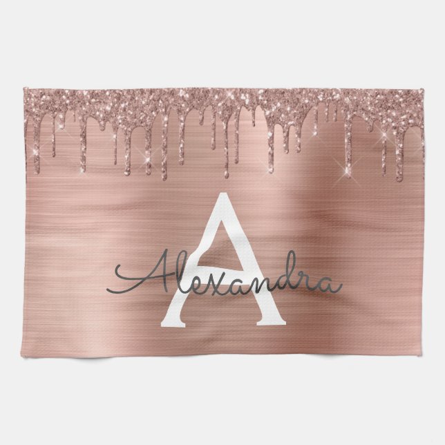Rose Gold - Blush Pink Glitter Metal Monogram Name Tea Towel (Horizontal)