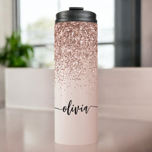 Rose Gold - Blush Pink Glitter Metal Monogram Name Thermal Tumbler (Creator Uploaded)