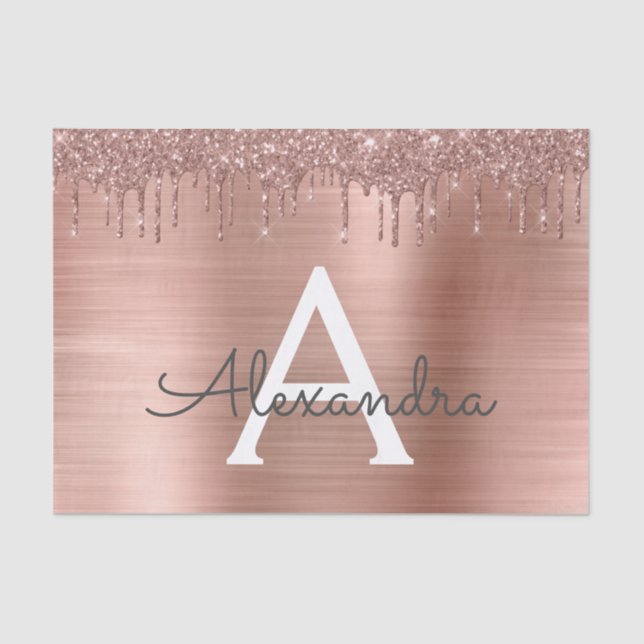 Rose Gold - Blush Pink Glitter Metal Monogram Name Tissue Paper (Front)