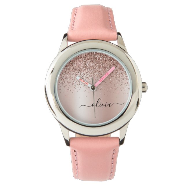 Rose Gold - Blush Pink Glitter Metal Monogram Name Watch (Front)