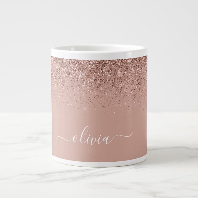 Rose Gold Blush Pink Glitter Modern Monogram Name Large Coffee Mug (Front)