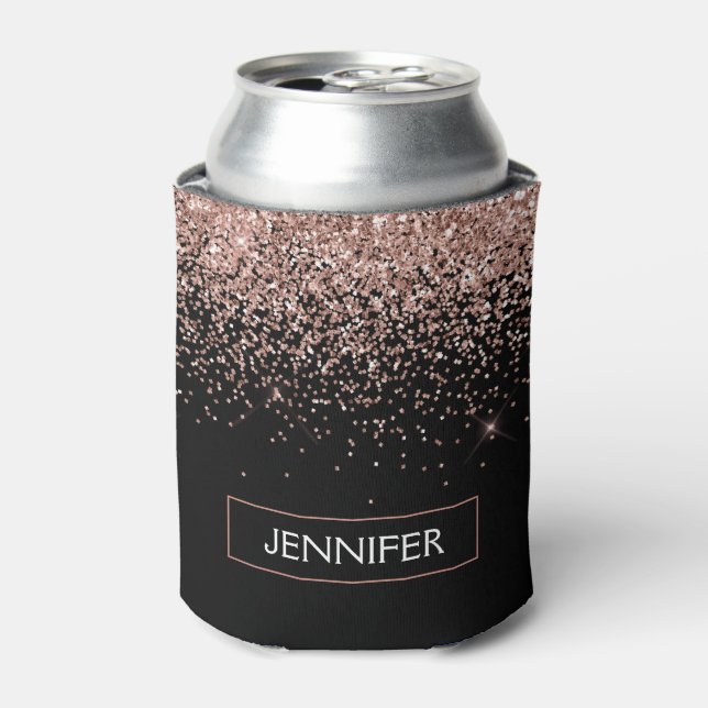 Rose Gold Blush Pink Glitter Monogram Girly Can Cooler (Can Front)