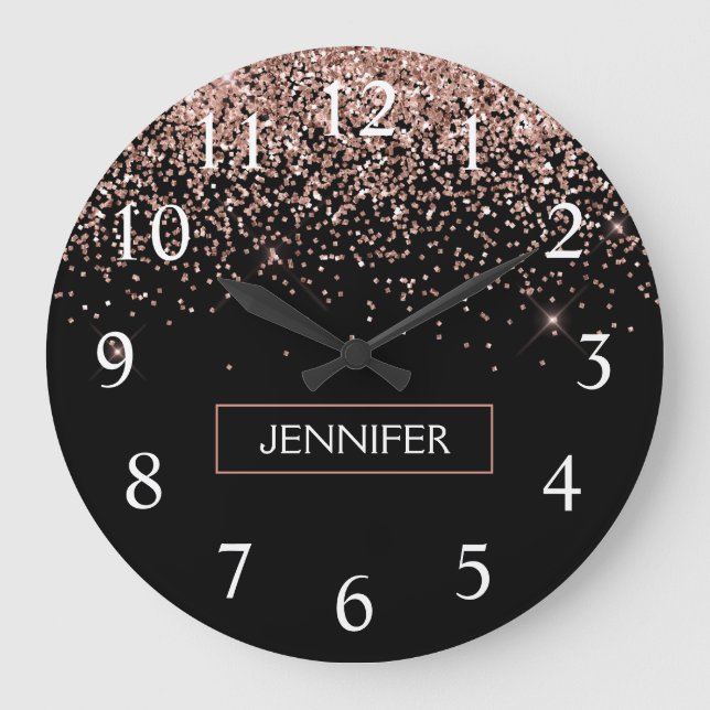 Rose Gold Blush Pink Glitter Monogram Girly Large Clock (Front)