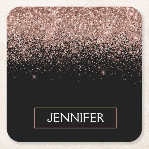 Rose Gold Blush Pink Glitter Monogram Girly Square Paper Coaster
