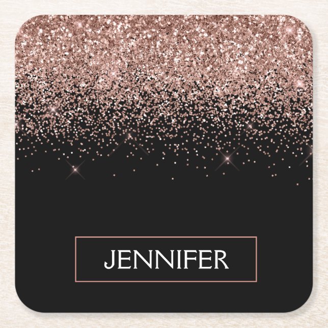 Rose Gold Blush Pink Glitter Monogram Girly Square Paper Coaster (Front)