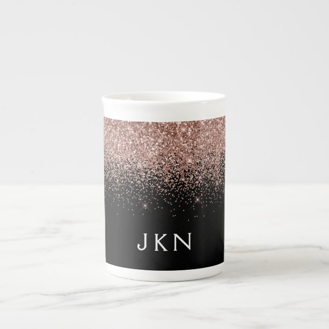 Rose Gold Blush Pink Glitter Monogram Initials Bone China Mug (Front)