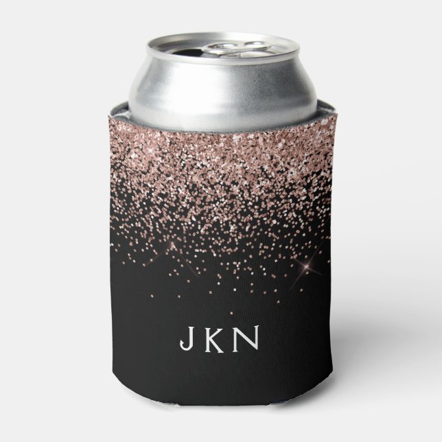 Rose Gold Blush Pink Glitter Monogram Initials Can Cooler (Can Front)
