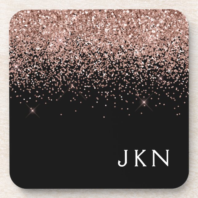 Rose Gold Blush Pink Glitter Monogram Initials Coaster (Front)