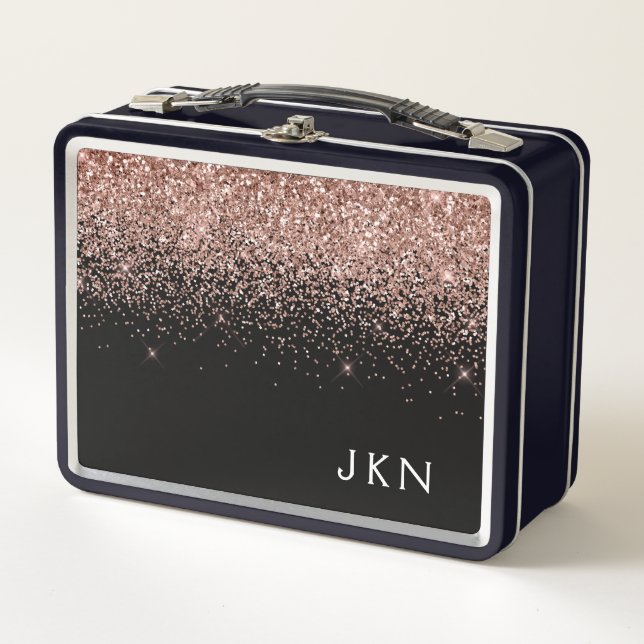 Rose Gold Blush Pink Glitter Monogram Initials Metal Lunch Box (Front)