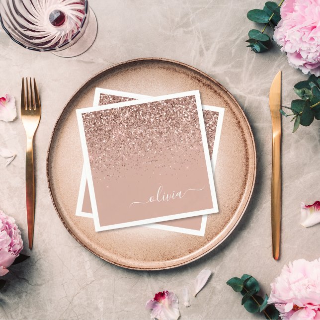 Rose Gold - Blush Pink Glitter Monogram Name Napkin (Creator Uploaded)
