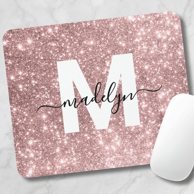 Rose Gold Blush Pink Glitter Name Monogram Mouse Mat (Rose Gold Blush Pink Flitter Name Monogram Mouse Pad)